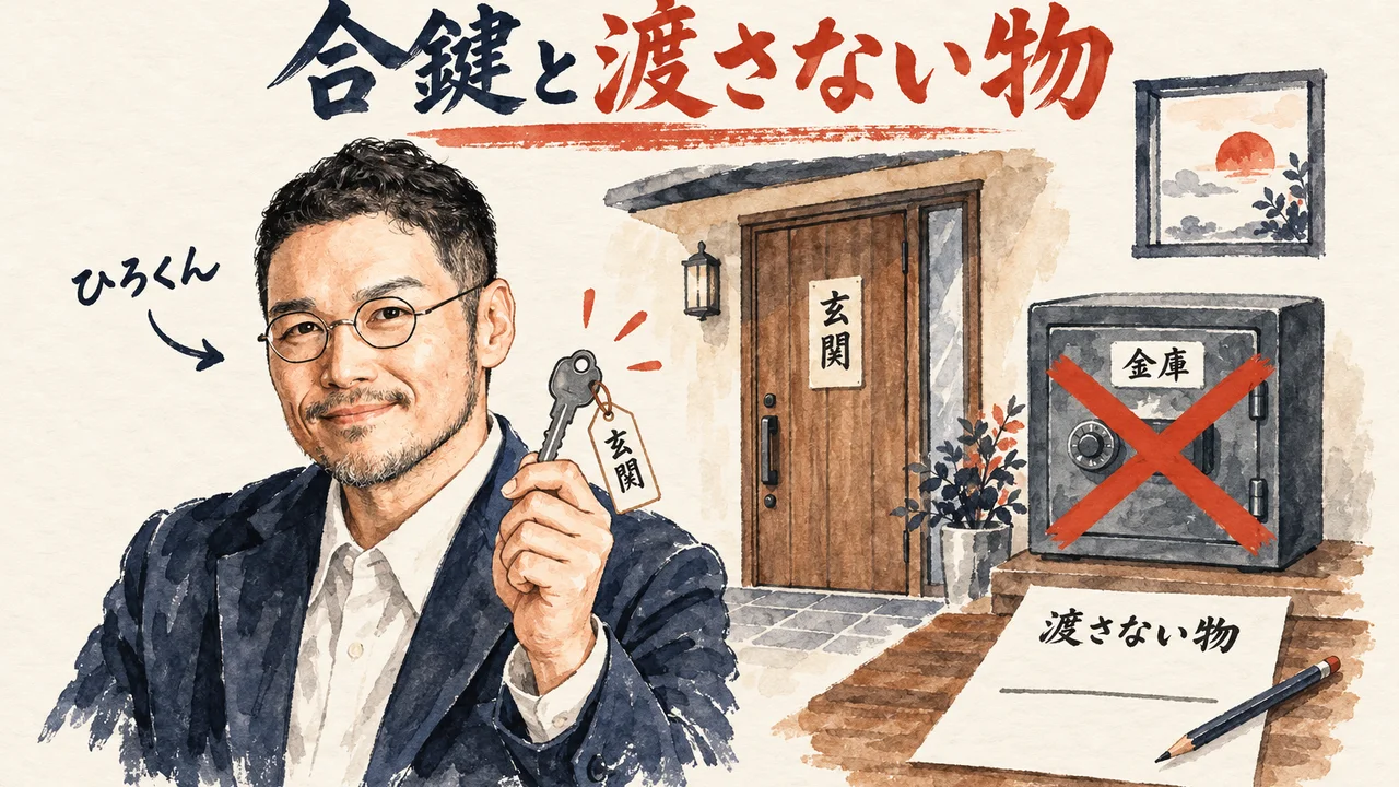 ひろくんが「玄関」と書いた札の付いた合鍵を持ち、後ろに玄関の扉、右に赤いバツの付いた「金庫」、手前に「渡さない物」と書く紙がある図解