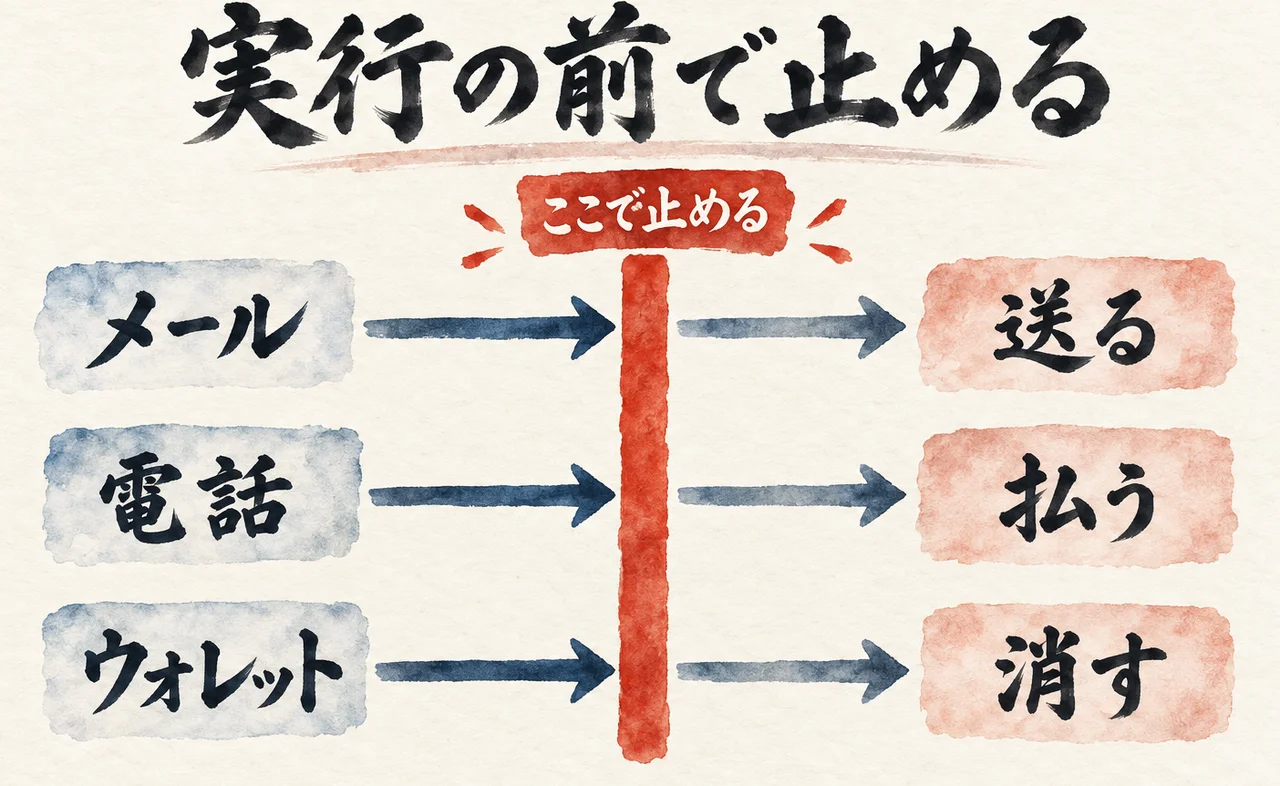 「メール」「電話」「ウォレット」の3本の矢印が、赤い「ここで止める」の柱で止まり、その先の「送る」「払う」「消す」へ進まない図解
