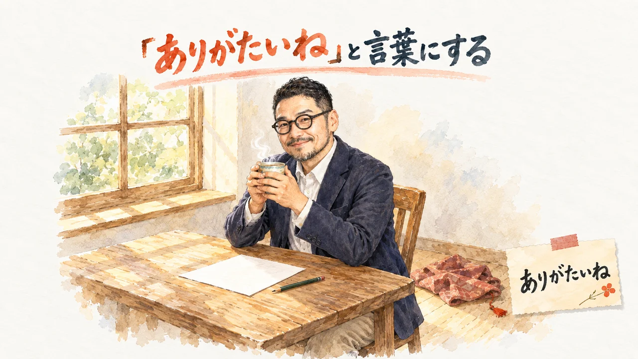 イラスト（水彩で描いたひろくん）：眼鏡をかけた男性が窓辺の木の机で、湯気の立つ湯のみを両手で持って微笑む。机に白い紙と鉛筆、床に畳んだ赤い柄の布。付箋に「ありがたいね」