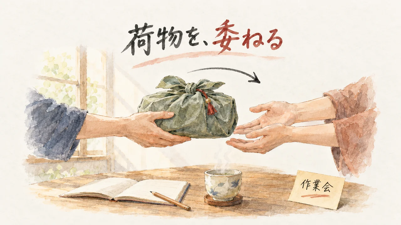 イラスト：風呂敷に包んだ荷物を、片方の手からもう片方の開いた両手へ渡す場面。机にノートと鉛筆と湯のみ茶碗。付箋に「作業会」