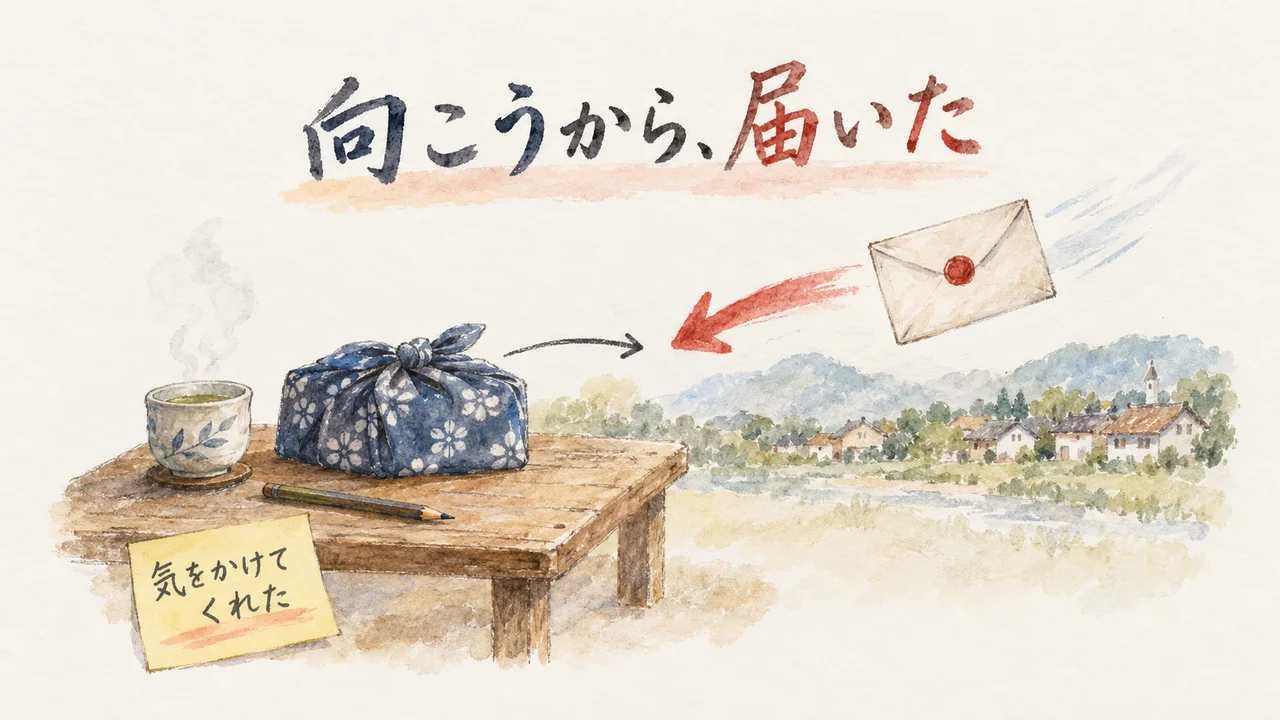 イラスト：木の低い机に風呂敷包みと湯のみ茶碗と鉛筆。右上から封蝋の封筒が飛んできて、矢印が風呂敷包みへ向かう。付箋に「気をかけて くれた」