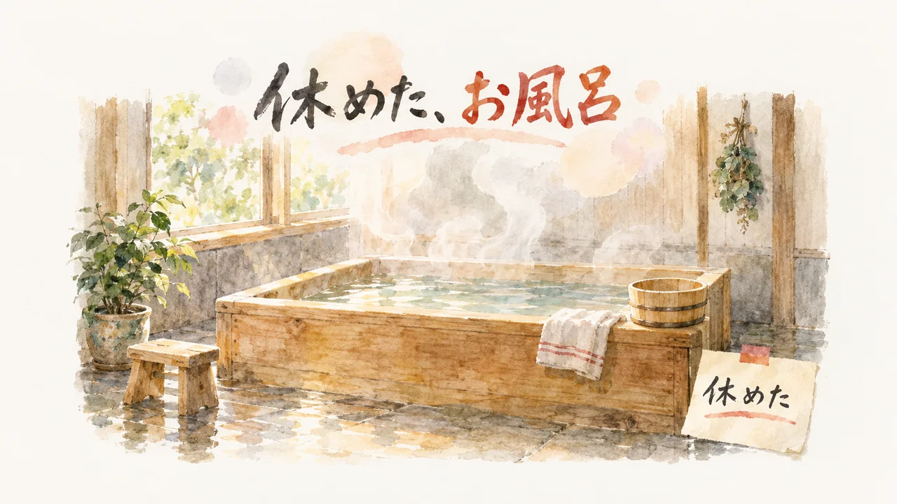 イラスト：湯気の立つ木の浴槽。縁に手ぬぐい、浴槽の上に湯おけ、手前に木の腰かけ。床の付箋に「休めた」