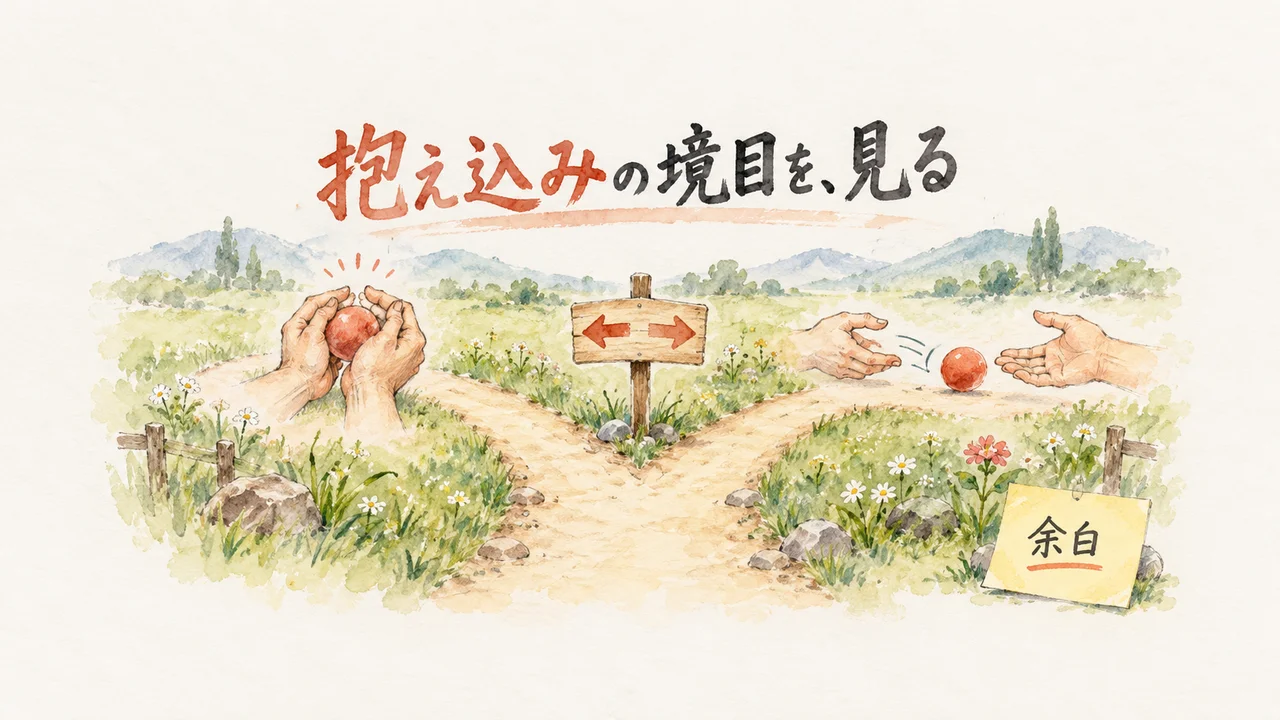 イラスト：二手に分かれる小道。左は両手が赤いボールを握りしめ、右は同じボールが次の手へ転がっていく。分かれ目に矢印だけの立て札