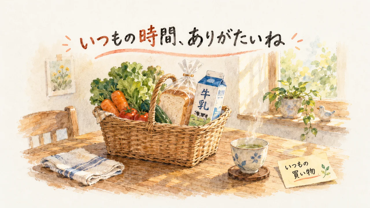イラスト：木の机の上に、野菜と食パンと牛乳が入った買い物かご、湯気の立つ湯のみ茶碗、畳んだ手ぬぐい。付箋に「いつもの買い物」