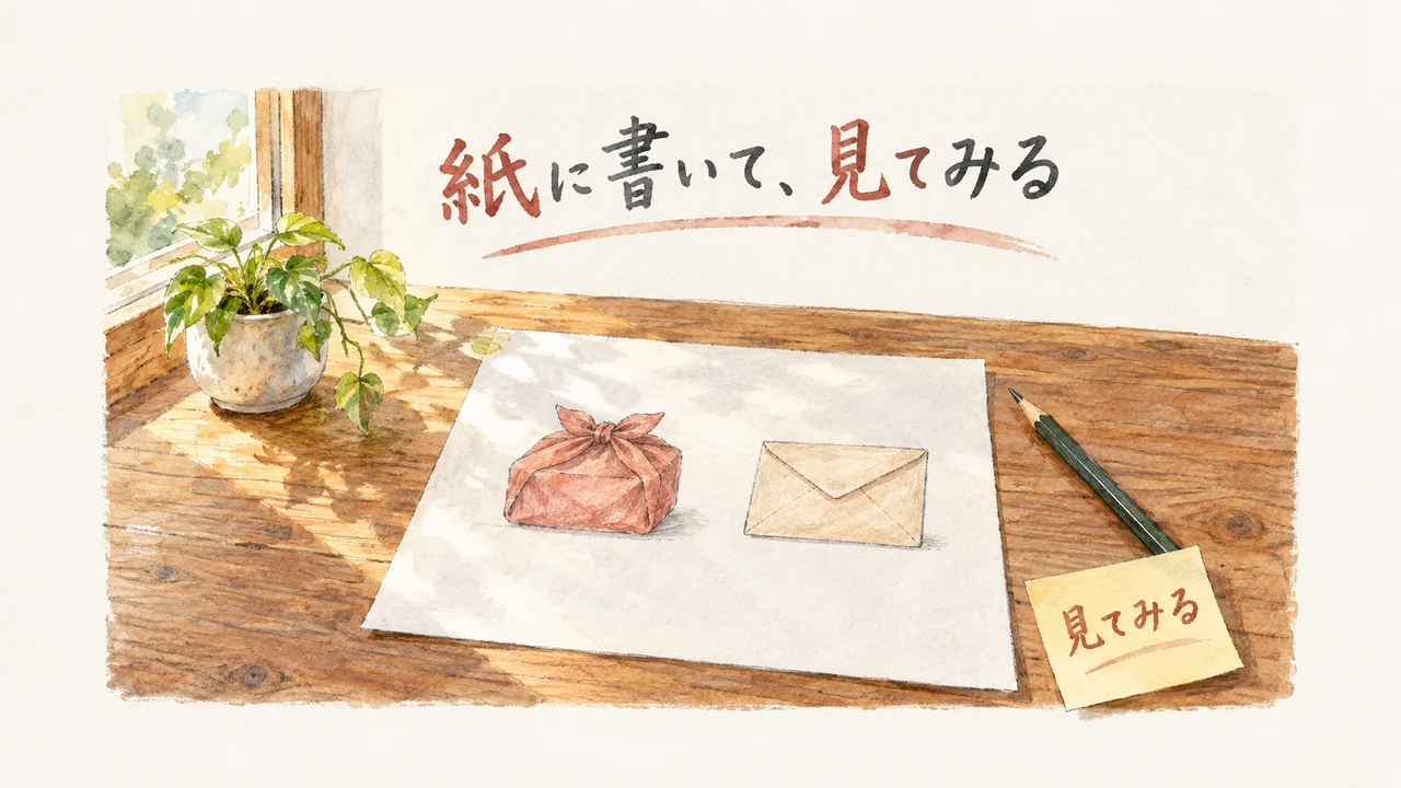 イラスト：木の机の上の白い紙に、風呂敷包みの絵と封筒の絵が左右に一つずつ。鉛筆と付箋「見てみる」、窓辺に観葉植物