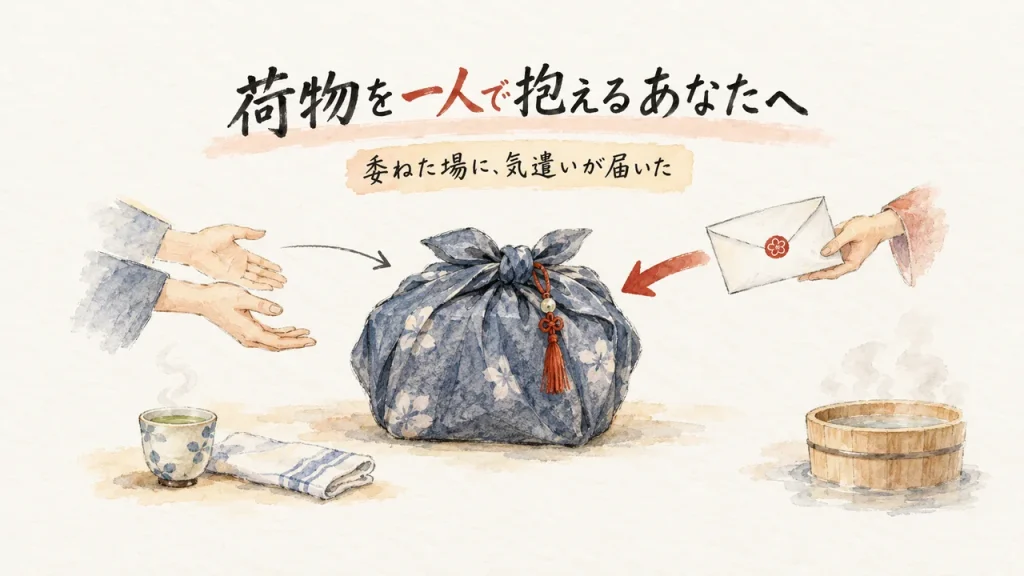 イラスト：風呂敷に包んだ荷物へ、左から両手が、右から封筒を持つ手が近づいている。足もとに湯のみ茶碗と木の湯おけ