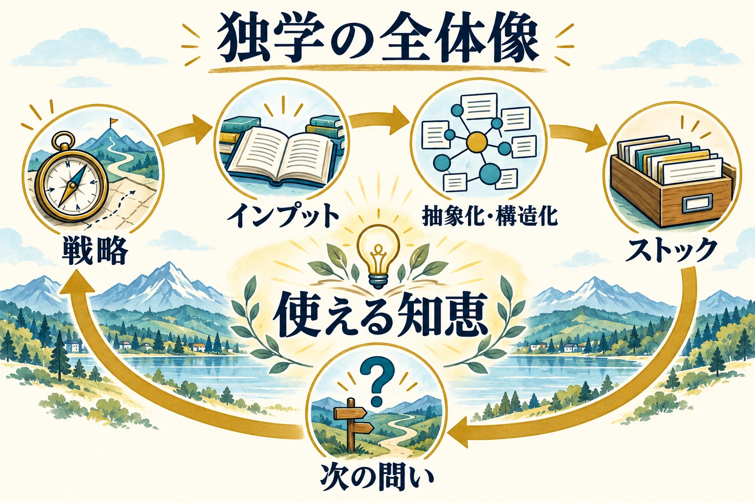 戦略、インプット、抽象化・構造化、ストックを巡り、次の問いへ戻る独学の全体像。