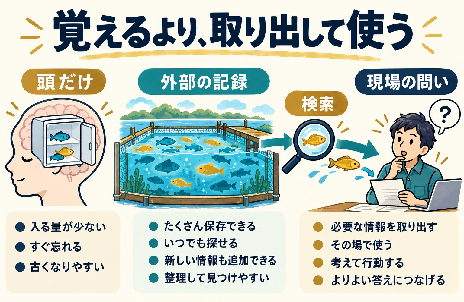知識は頭の中だけに置かず、外部の記録から検索して現場の問いに使う。