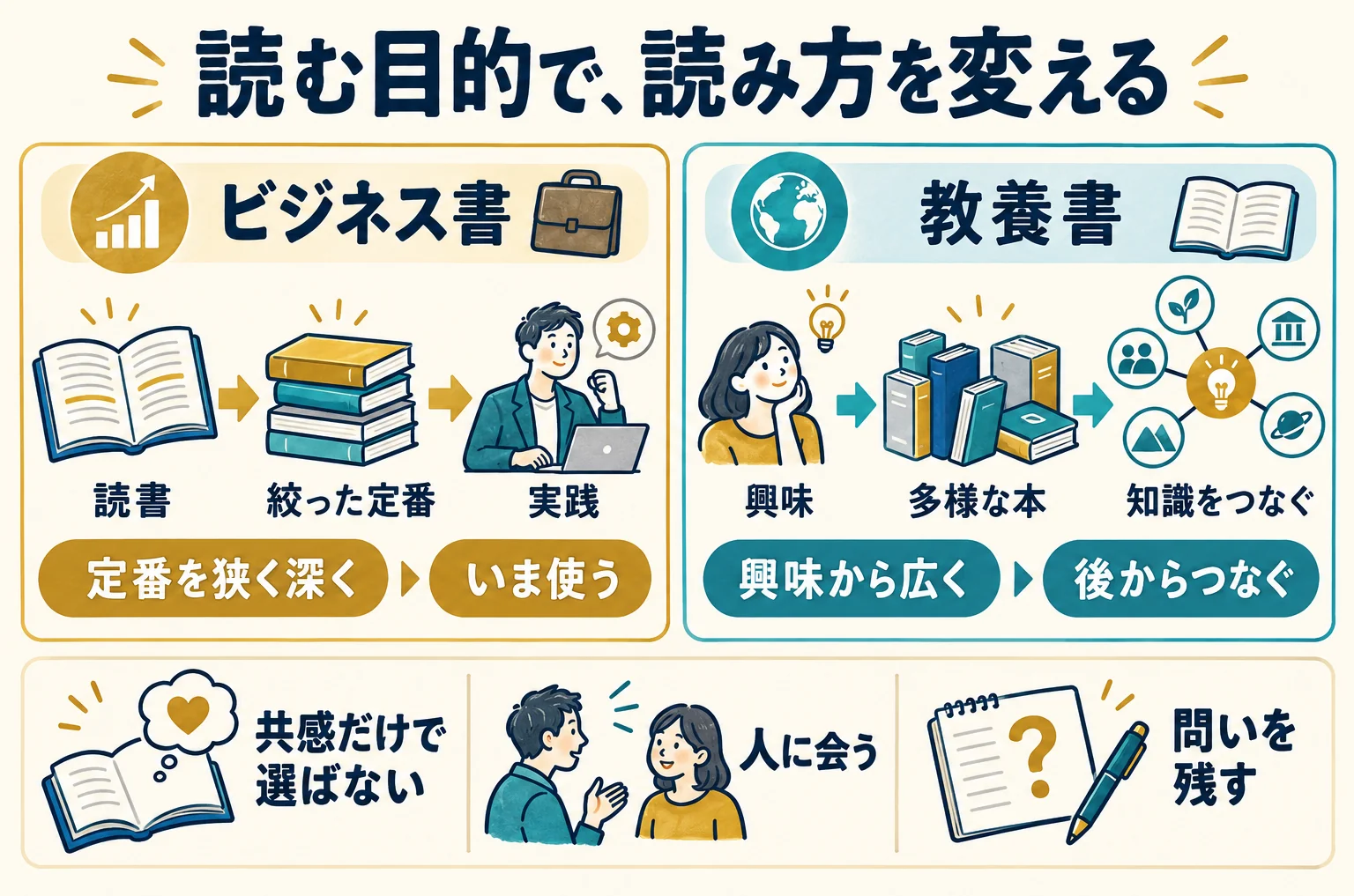 ビジネス書は定番を狭く深く、教養書は興味から広く読む。目的に応じて読み方を変える。