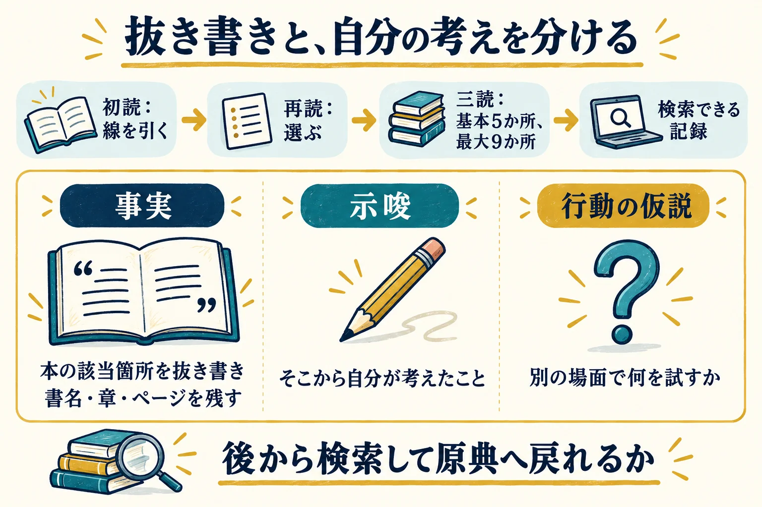 読み返して選り抜いた箇所を、事実・示唆・行動の仮説に分け、検索できる記録へ残す。