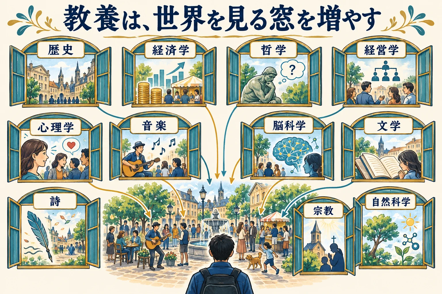 歴史から自然科学まで11分野の教養を、現場を見る窓として使う。