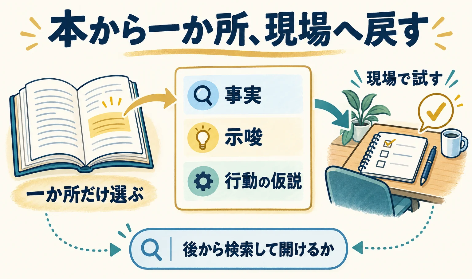 本から一か所を選び、事実・示唆・行動の仮説を残して、後から検索できるかを確かめる。
