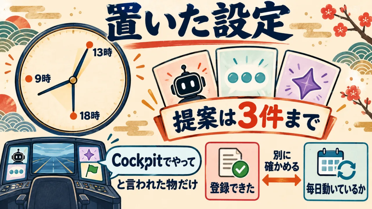 図解: 先回り調査と実行は別物。毎日3回の確認と提案3件まで
