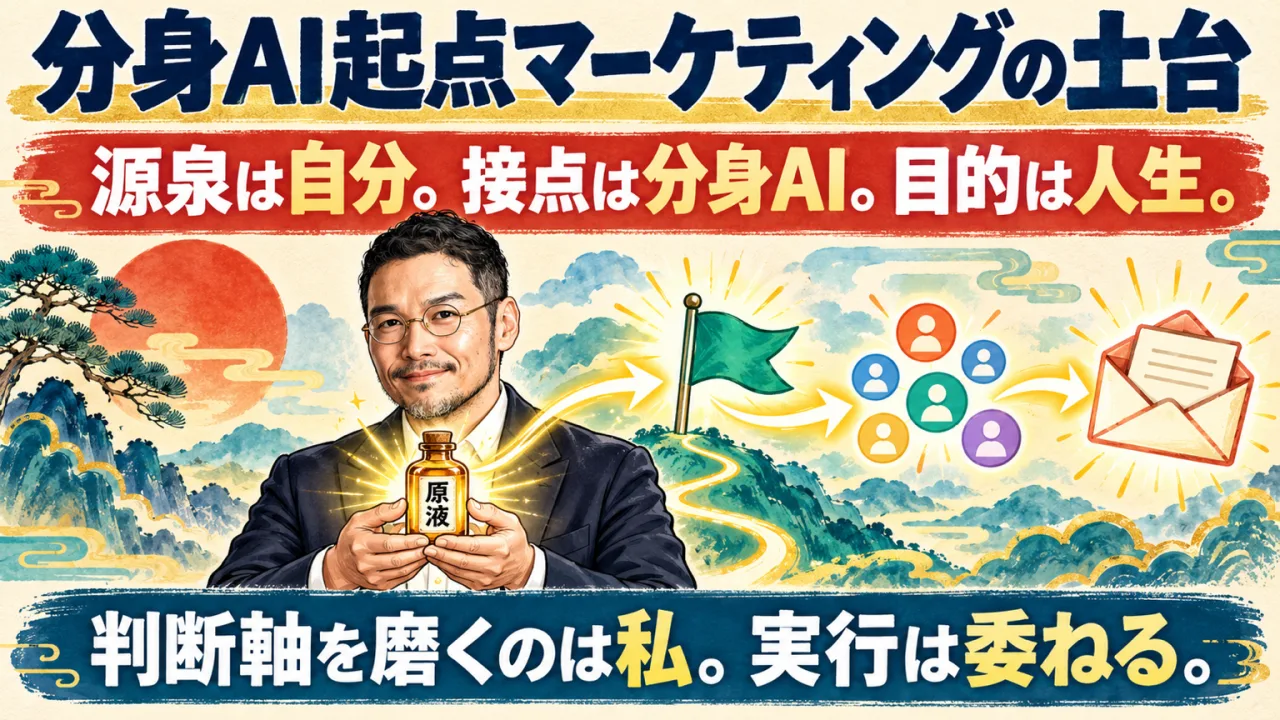 図解: 届けて終わらない。原液をゴールに込めるのが分身AI起点マーケティングの土台