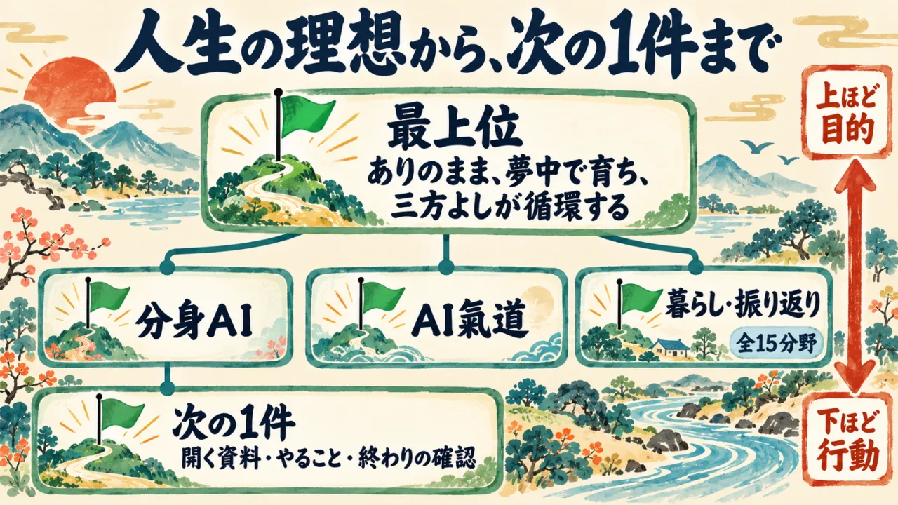 図解: 軸はAddnessのゴール。人生の理想から「次の1件」まで