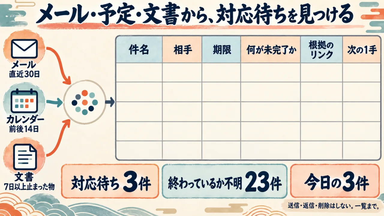 図解: 実例：メール・予定・文書から、対応待ちの仕事を見つける