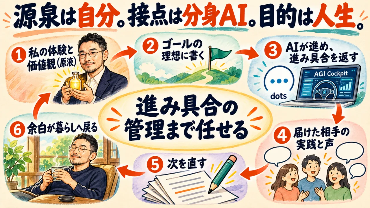 図解: 源泉は自分。接点は分身AI。目的は人生。進み具合の管理まで任せる流れ