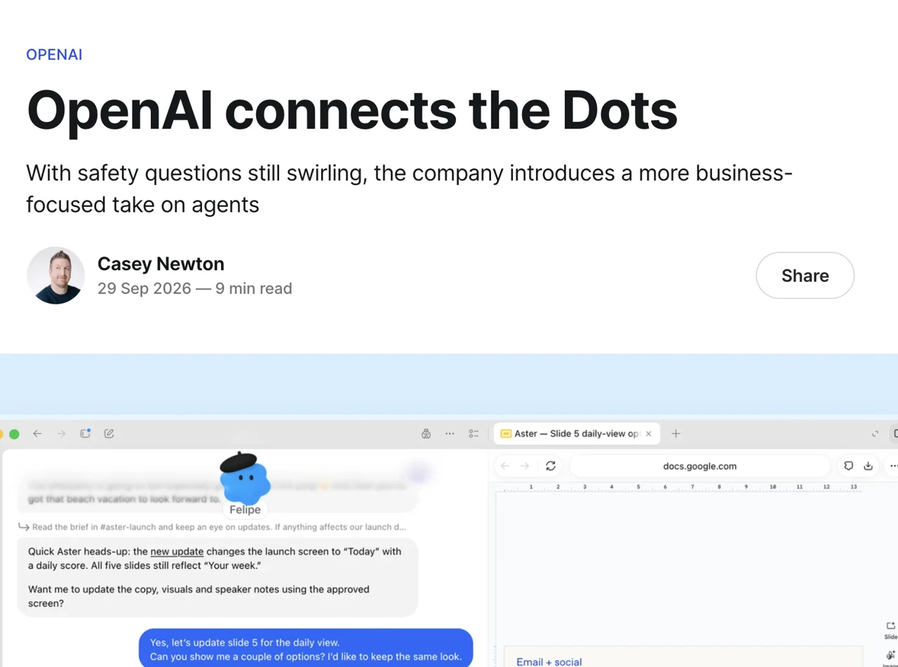 PlatformerのCasey Newtonさんの記事「OpenAI connects the Dots」の冒頭の画面