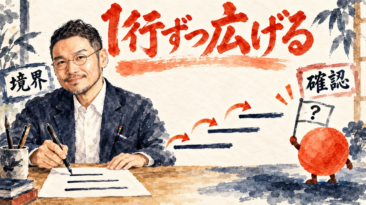 ひろくんが紙に1行ずつ線を書き足し、境界の札と、朱色の水玉が確認の旗を掲げる、1行ずつ広げるコラム図解