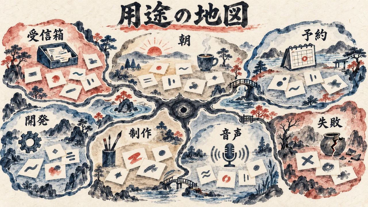 受信箱・朝・予約・開発・制作・音声・失敗の7つの島が橋でつながる、用途の地図の図解