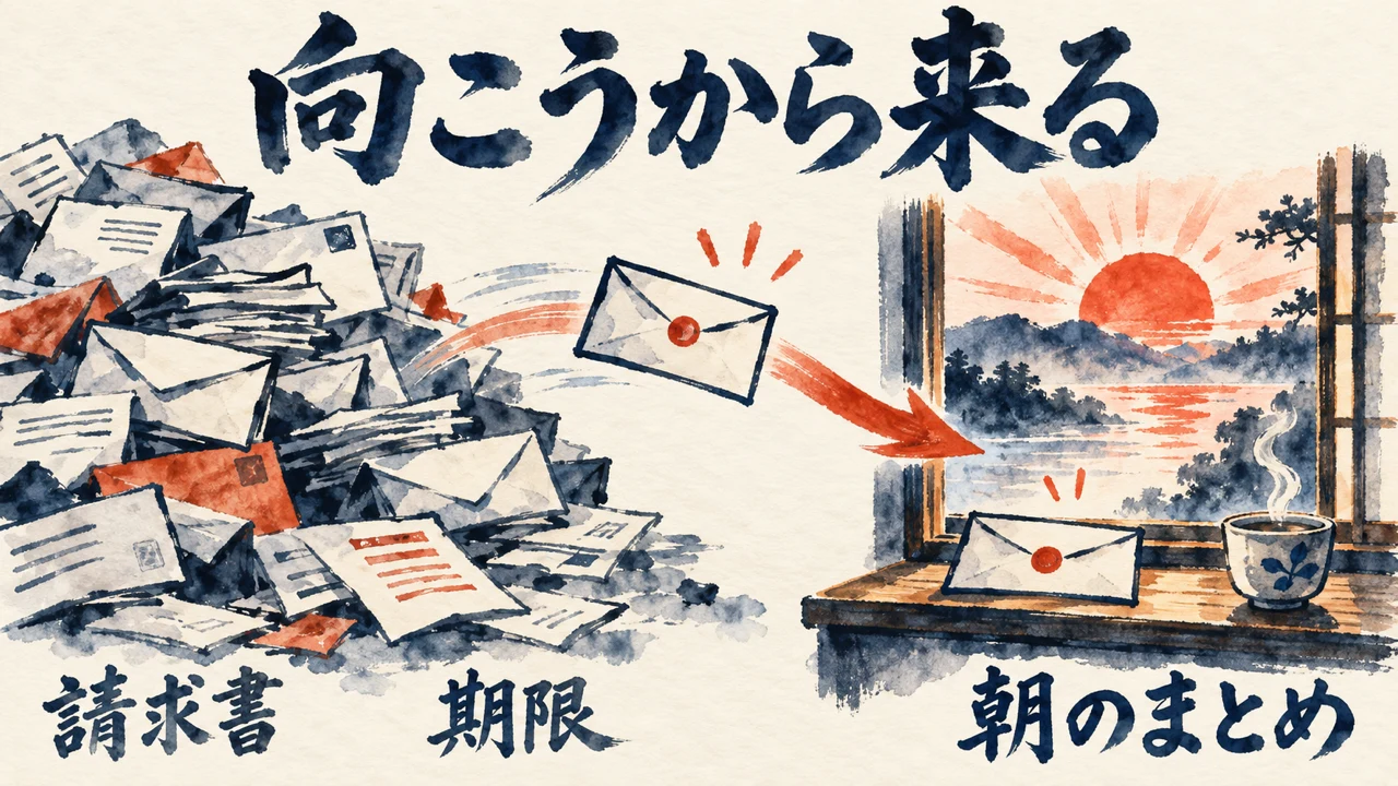 封筒の山から1通が抜け出し、朝日の差す窓辺の朝のまとめへ届く、向こうから来るの図解