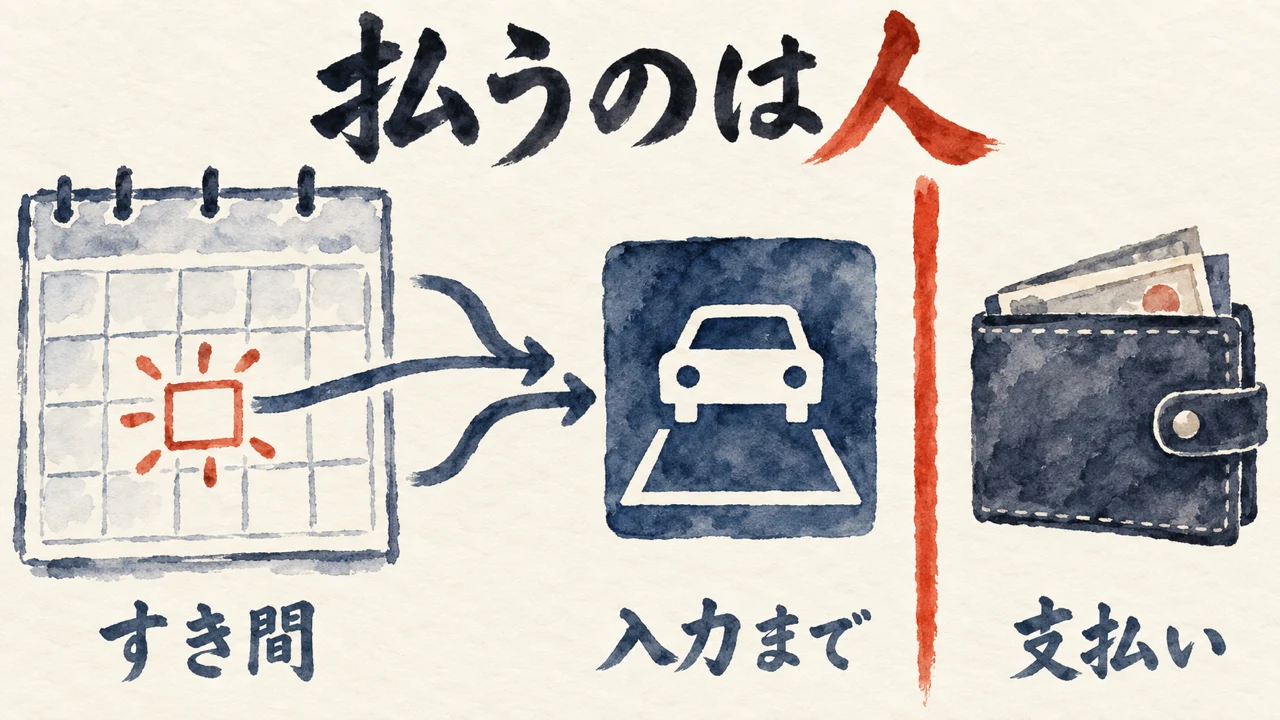 カレンダーのすき間から駐車場の入力までで止まり、朱色の線の向こうの財布の支払いは人が行う、払うのは人の図解