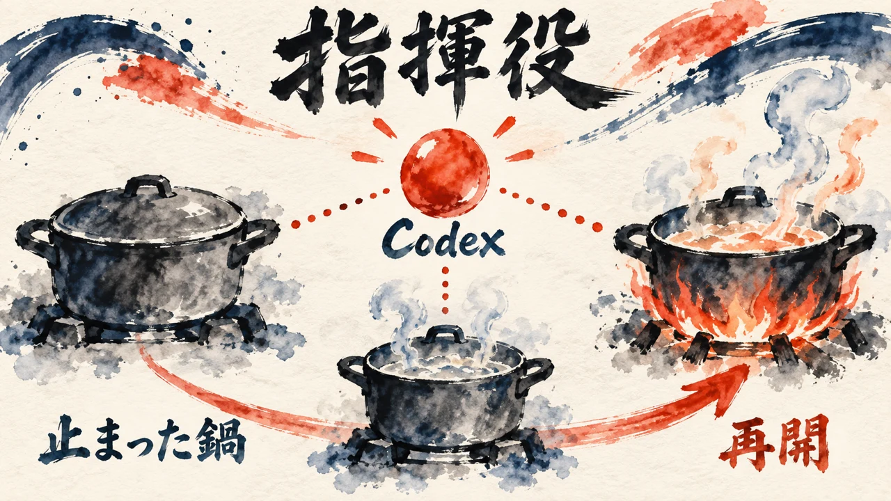 中央の朱色の玉のCodexが止まった鍋から再開した鍋へ火をつなぐ、指揮役の図解