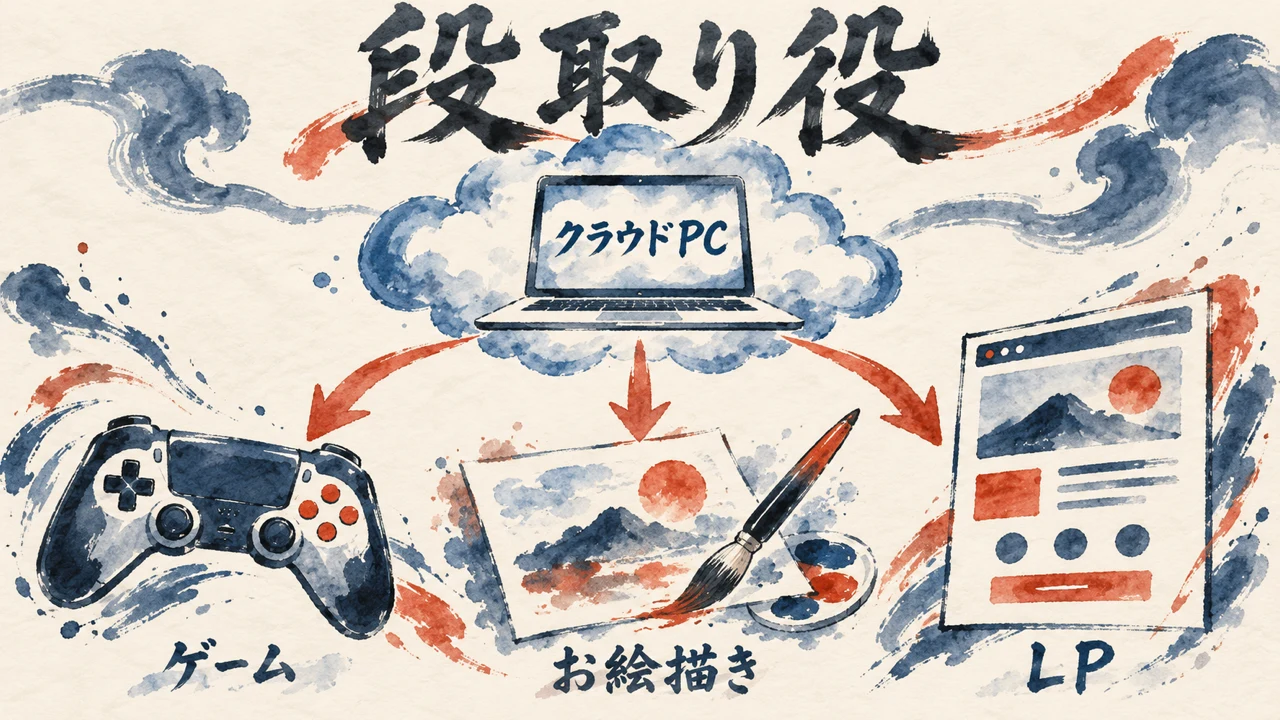 雲の上のクラウドPCから矢印が伸び、ゲーム・お絵描き・LPが生まれる、段取り役の図解