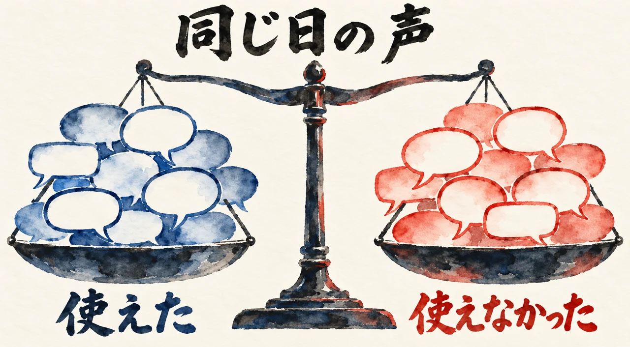 天秤の左に使えたの青い吹き出し、右に使えなかったの朱色の吹き出しが載る、同じ日の声の図解