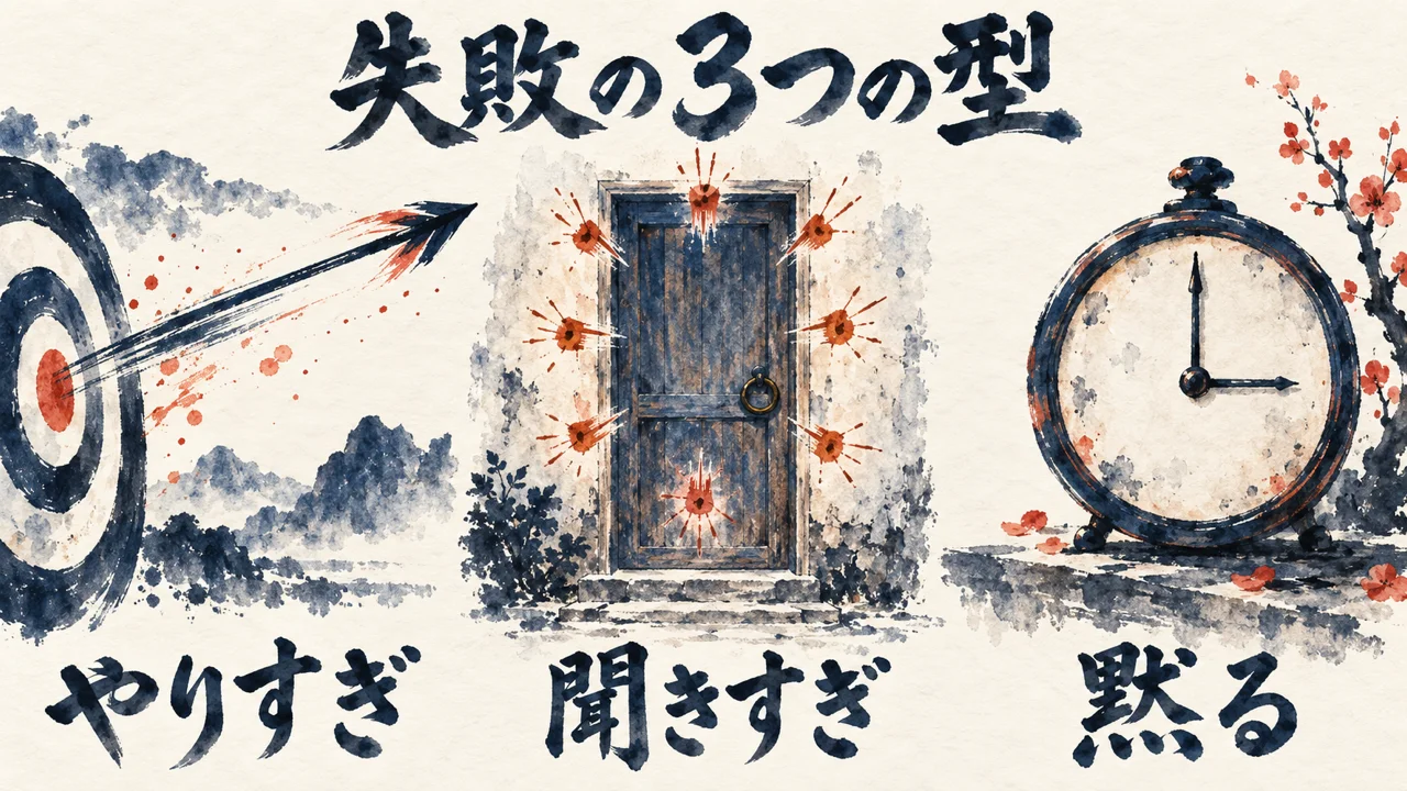 的を外れて飛びすぎる矢、何度もたたかれた扉、止まった時計で表した、やりすぎ・聞きすぎ・黙るの失敗の3つの型の図解