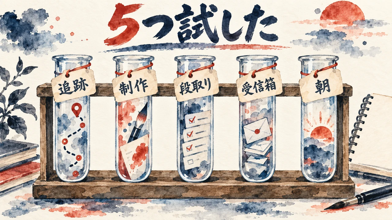 追跡・制作・段取り・受信箱・朝の札が付いた5本の試験管に、それぞれの中身が入った、5つ試した図解