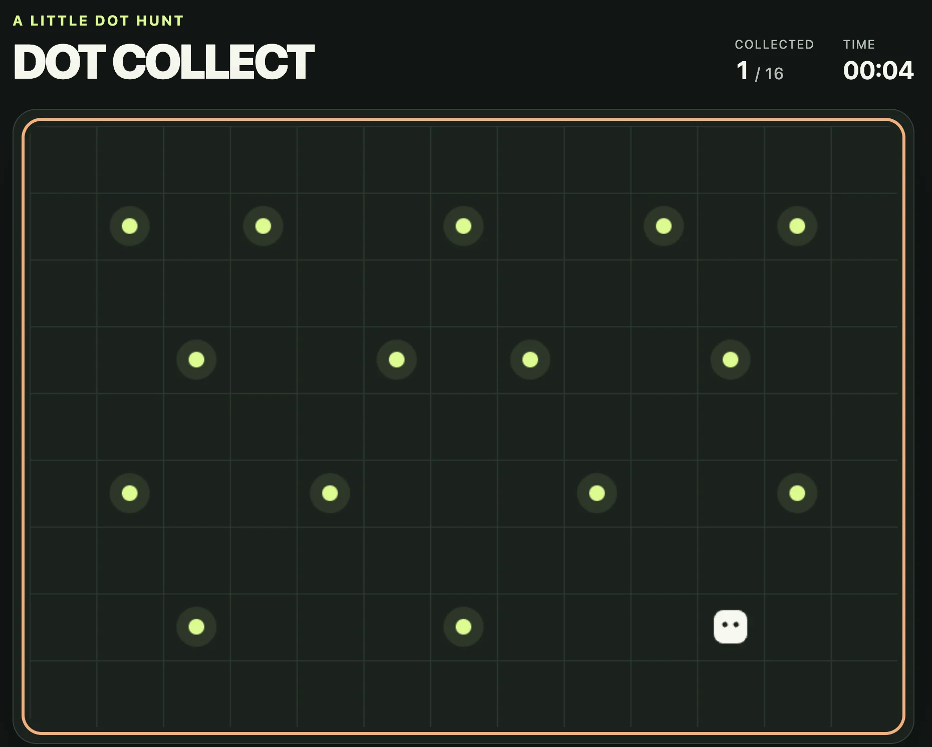 dotがクラウドPCで作ったミニゲームDOT COLLECT。白い四角で点を1つ回収し、1/16と表示された画面