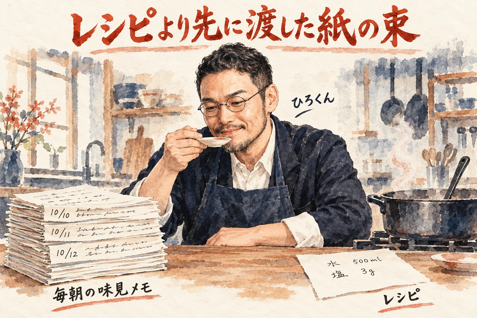 台所でスープを小皿で味見するひろくんと、毎朝の味見メモの紙の束、分量だけのレシピ1枚を並べたコラム図解
