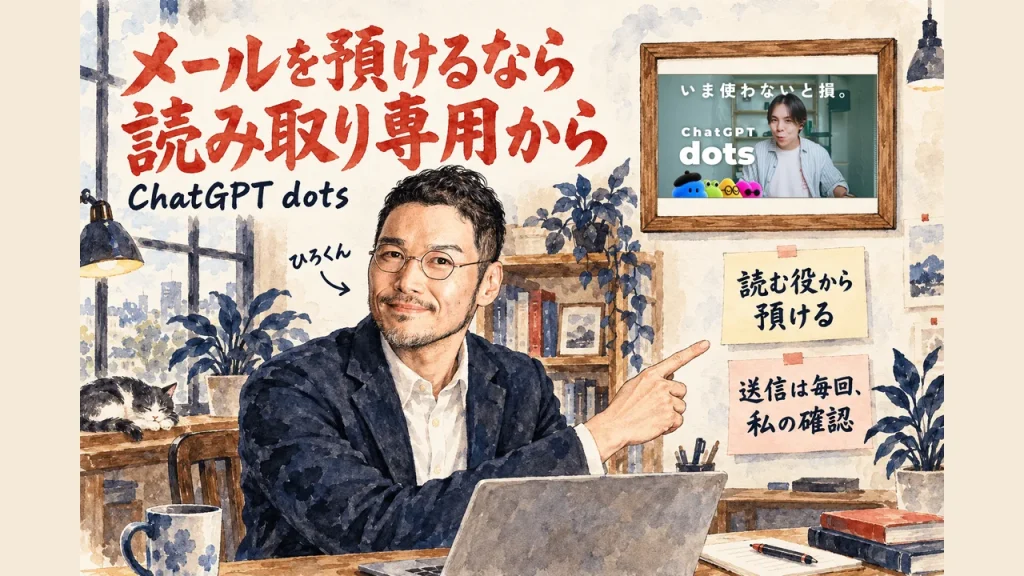 ChatGPT dotsにメールを預けるなら読み取り専用からと紹介するひろくんと、壁に動画のサムネイル