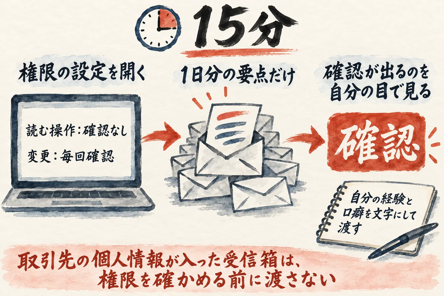 権限の設定を確かめ、1日分の要点を出させ、確認が出るのを自分の目で見る15分の3コマと、止まる条件を示した図解