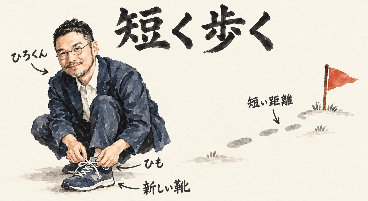ひろくんがしゃがんで新しい靴のひもを結び直し、右に短い距離の足あとと旗が立つ「短く歩く」の図解