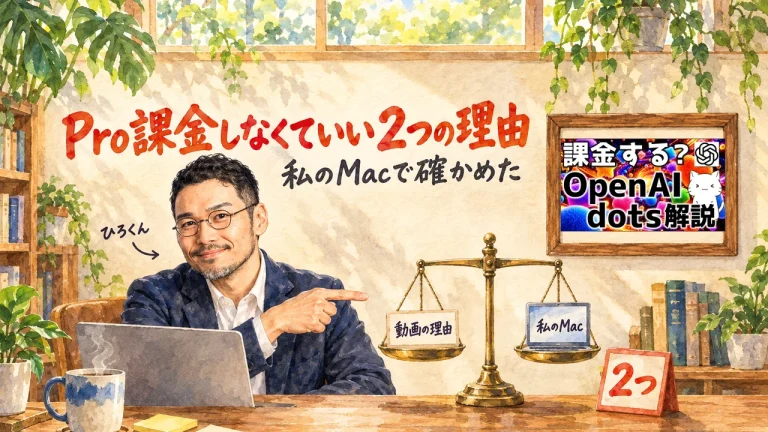 ひろくんが机の上の天秤で「動画の理由」と「私のMac」を比べるアイキャッチ。右上の額縁に元動画のサムネイル「課金する？ OpenAI dots解説」。壁に動画のサムネイル