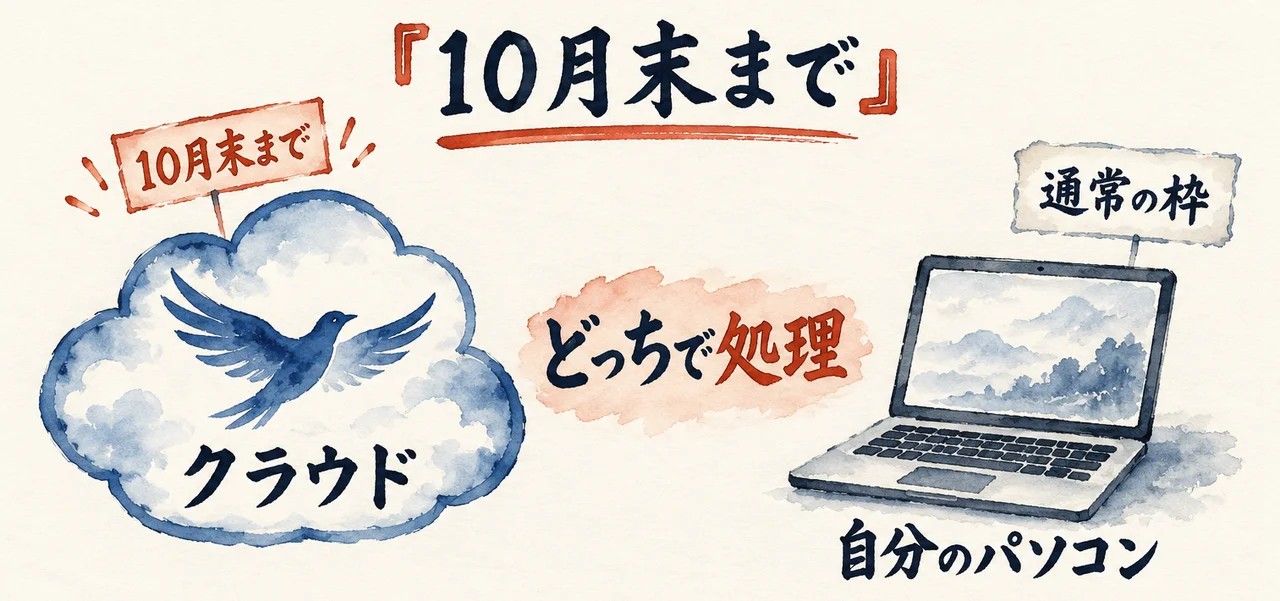クラウドは10月末まで無制限、自分のパソコンは通常の枠、という2つの条件を並べた図解