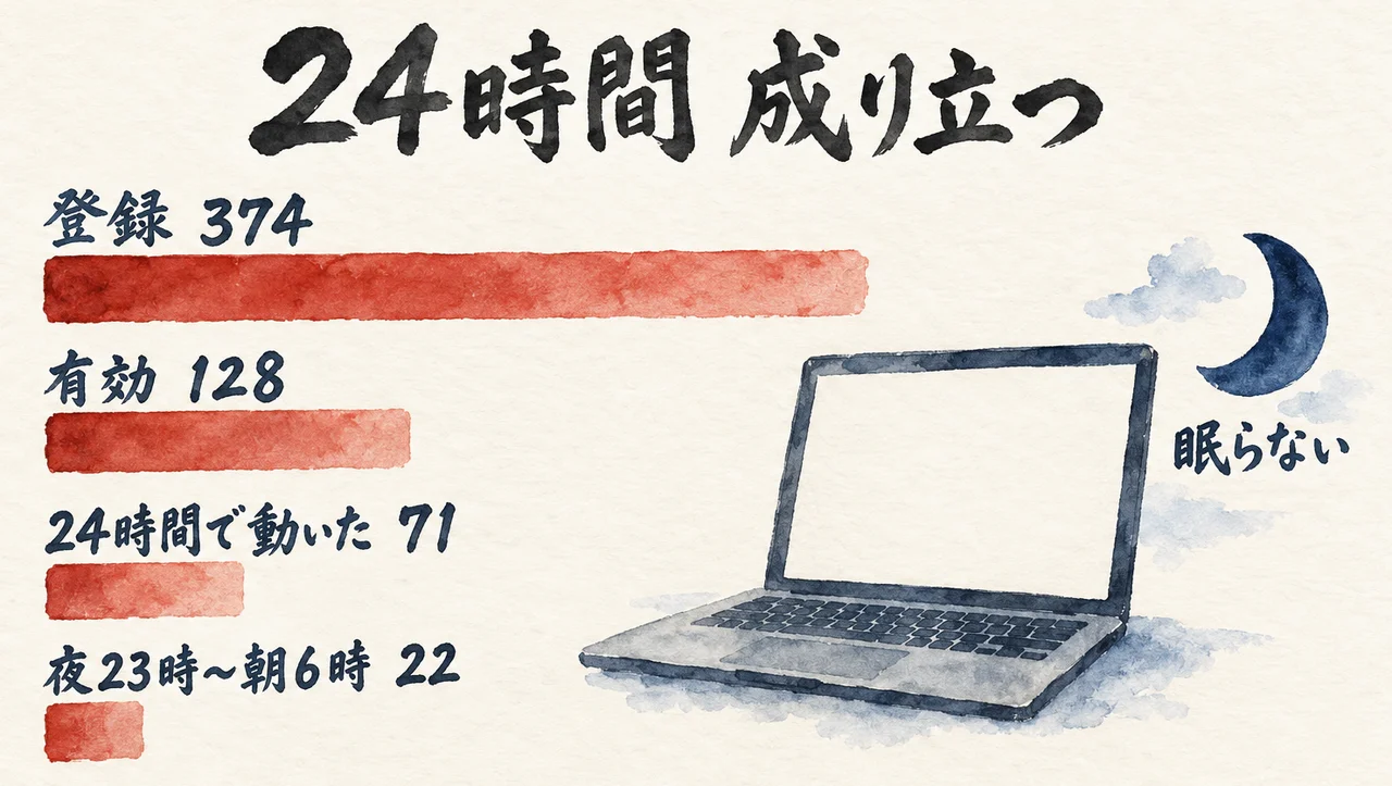 私のMacの数字。登録374、有効128、24時間で動いた71、夜23時から朝6時に動いた22の横棒と、眠らないノートパソコンの図解。タイトルは「24時間 成り立つ」