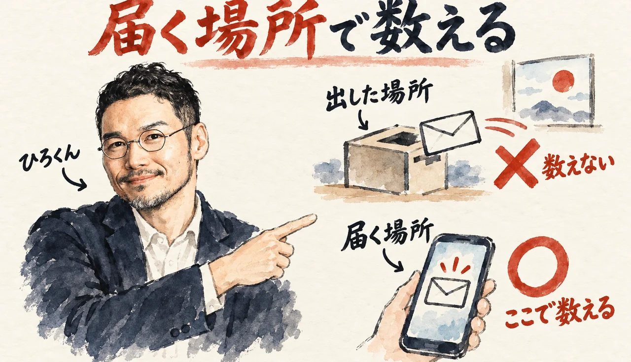 ひろくんが、「出した場所」の箱から出た確認にバツ（数えない）、「届く場所」のスマホに丸（ここで数える）を指さす図解