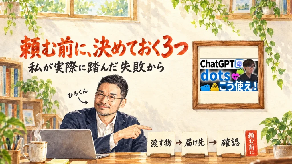 ひろくんが机の前で、「渡す物」「届け先」「確認」の3枚の札を指さすアイキャッチ。右上の額縁に元動画のサムネイル。題字は「頼む前に、決めておく3つ」私が実際に踏んだ失敗から