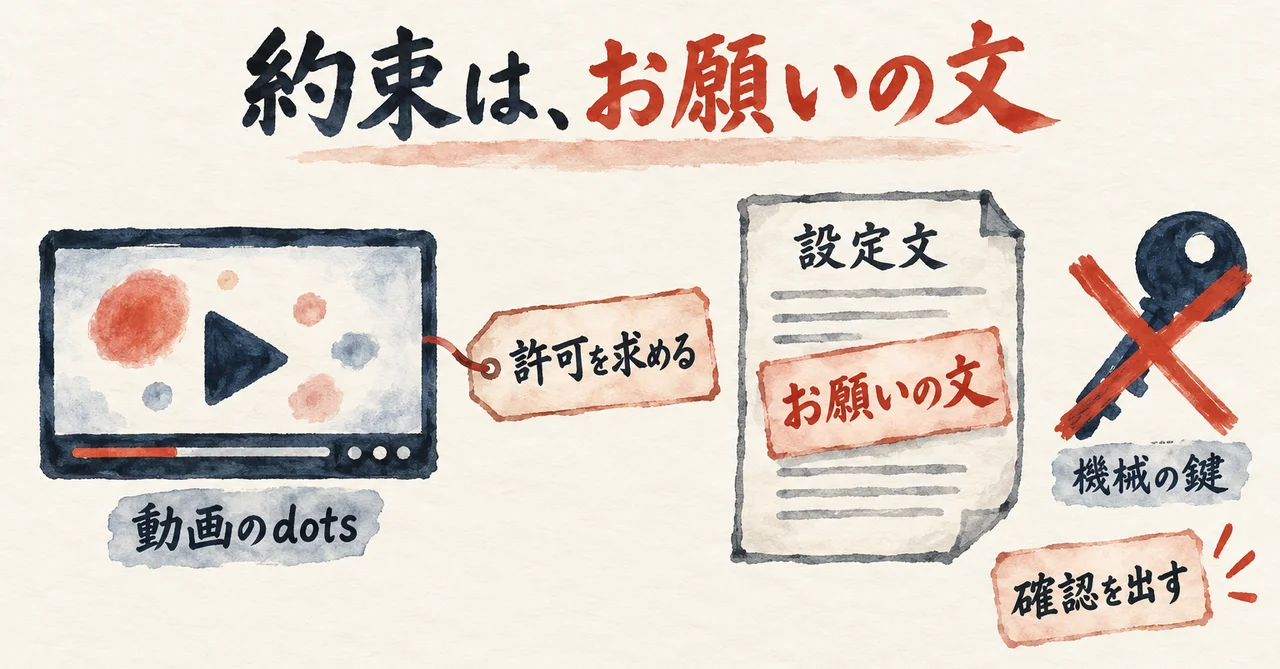 動画のdotsが「許可を求める」一方、私の側の約束は設定文の「お願いの文」で、「機械の鍵」にはバツが付いた図解