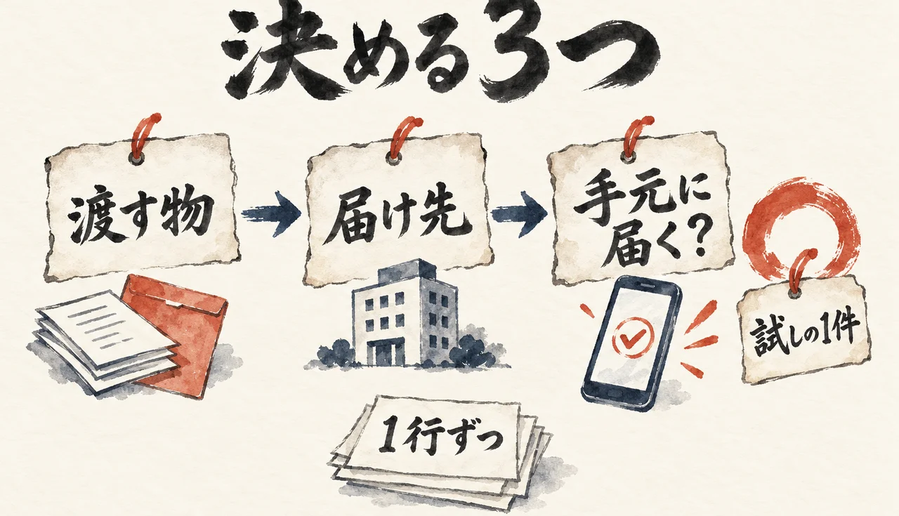 「渡す物」「届け先」「手元に届く？」の3枚の札が並び、3枚目に「試しの1件」の丸印が付いた図解。1行ずつ書く