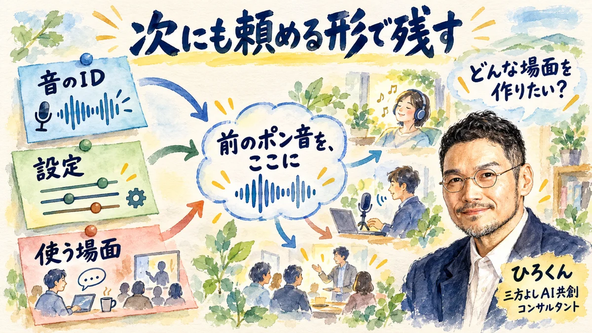 ひろくんと、音のID・設定・用途を記録して次の依頼につなげる図。
