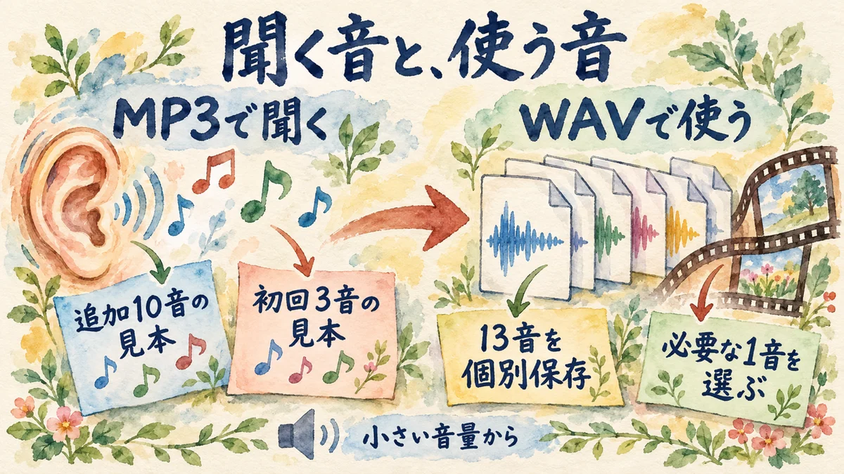 MP3の見本で音を確かめ、必要なWAVを個別に保存する二つの用途。