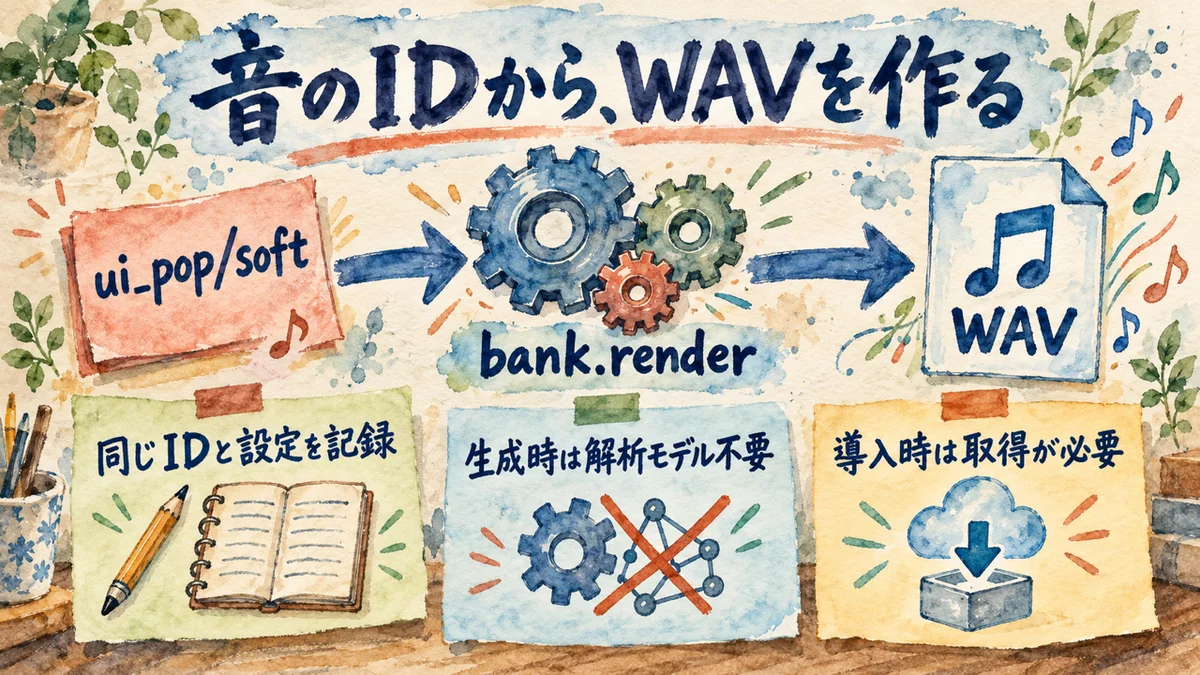 音のIDをbank.renderへ渡し、同じ設定を記録してWAVを生成する図。