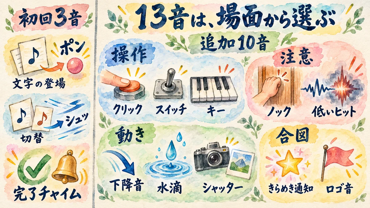 初回3音と追加10音を、文字の登場、操作、注意、動き、合図の用途で比べる図。