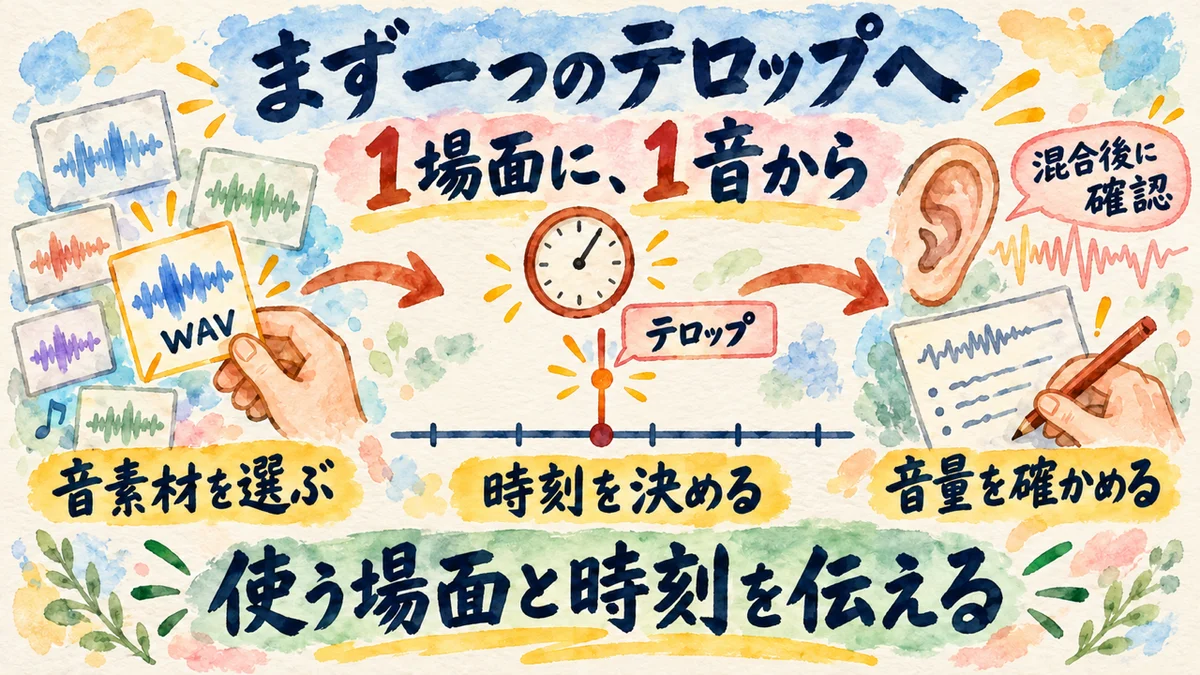 一つのWAVを選び、テロップの時刻に置き、混合後の音量を確認する順序。