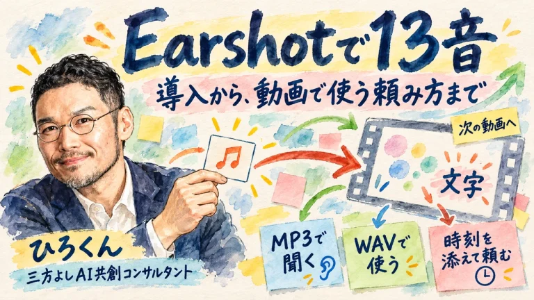 Earshotで13音を作り、動画の時刻と用途を添えて使う流れ。
