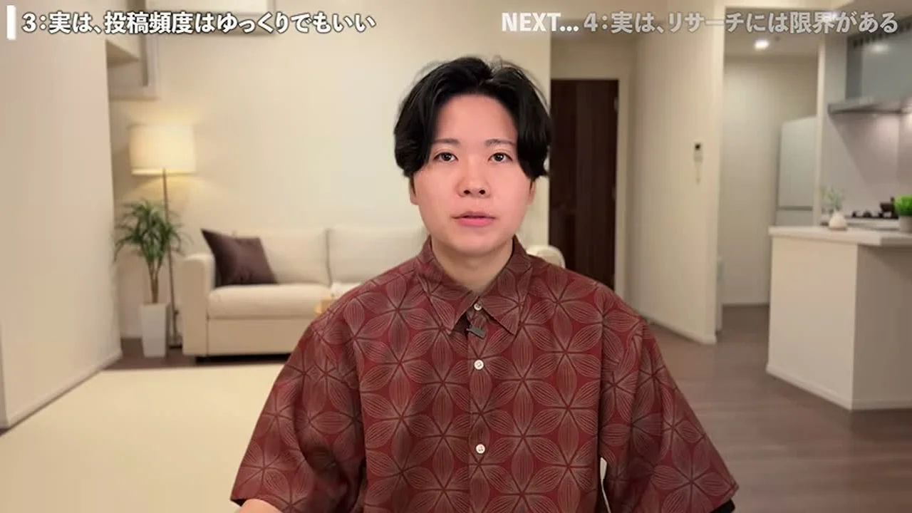 動画キャプチャ: 「3:実は、投稿頻度はゆっくりでもいい」の見出し表示が出る場面（6:42頃）